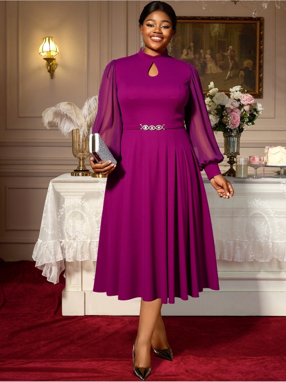 Elegant Purple Midi Dress with Sheer Bishop Sleeves